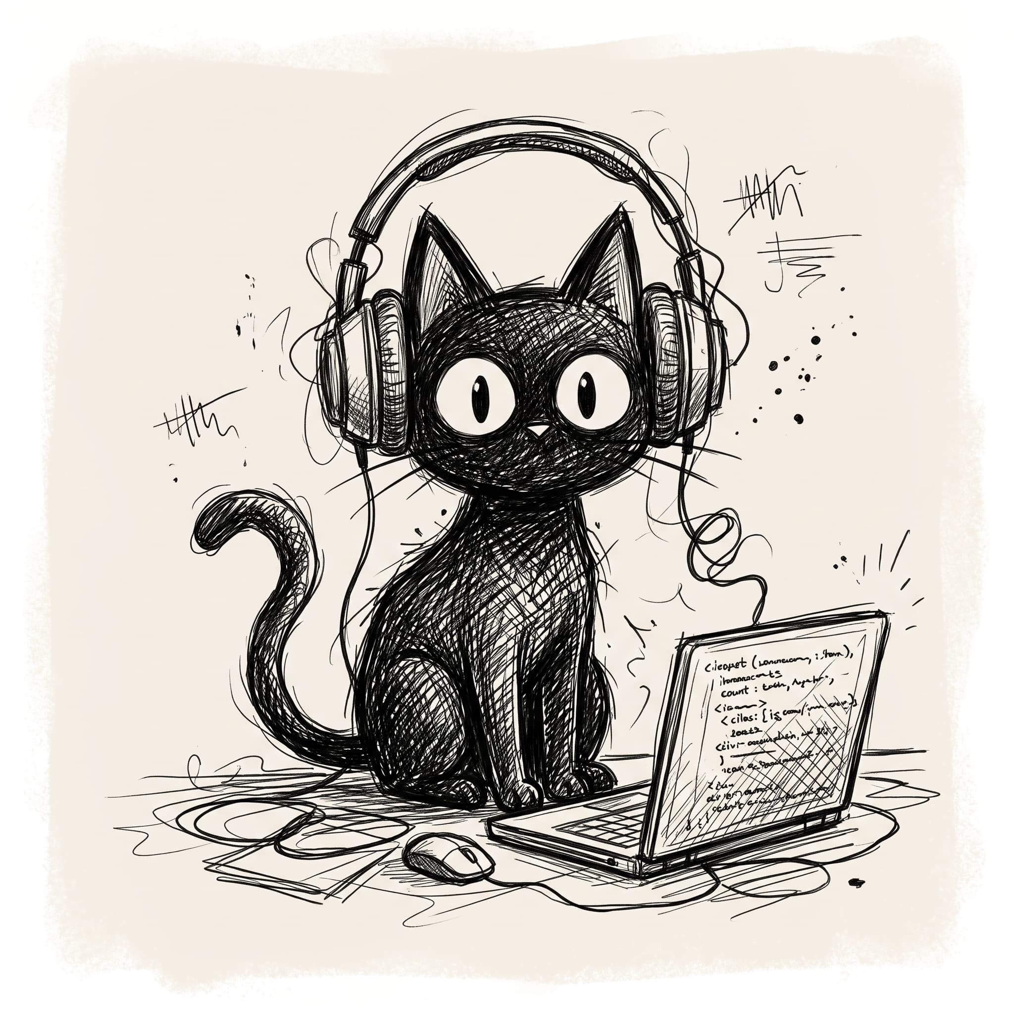 Illustration of a black cat wearing headphones beside a laptop